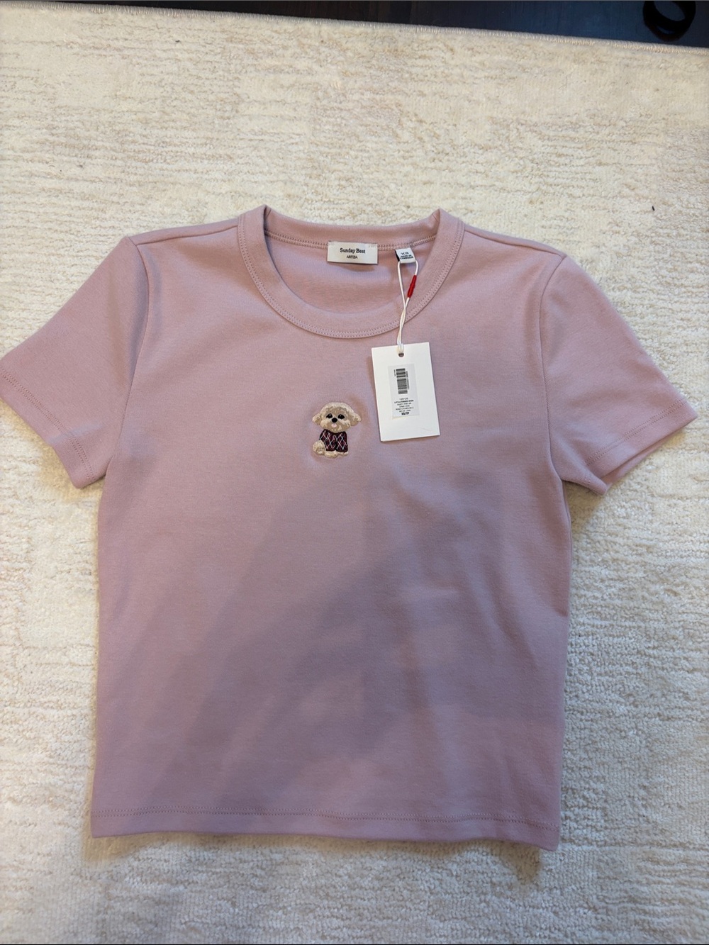 NWT Aritzia Sunday Best Light Pink Short Sleeve Knit Top with Embroidered Bear - Picture 4 of 6